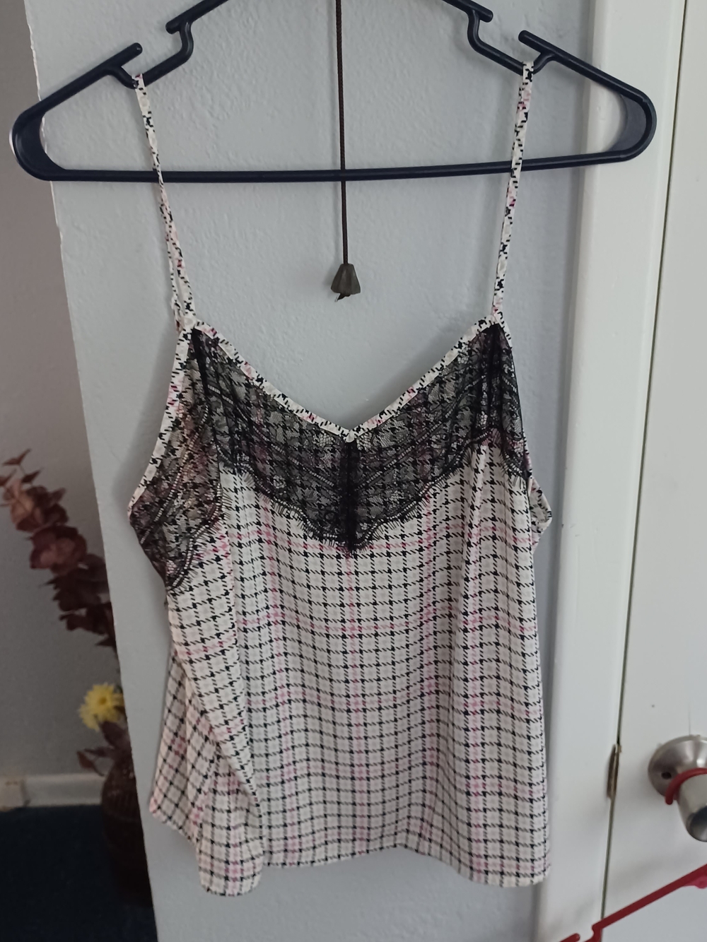 Candie's Black-Trim Pink Plaid Lace Cami